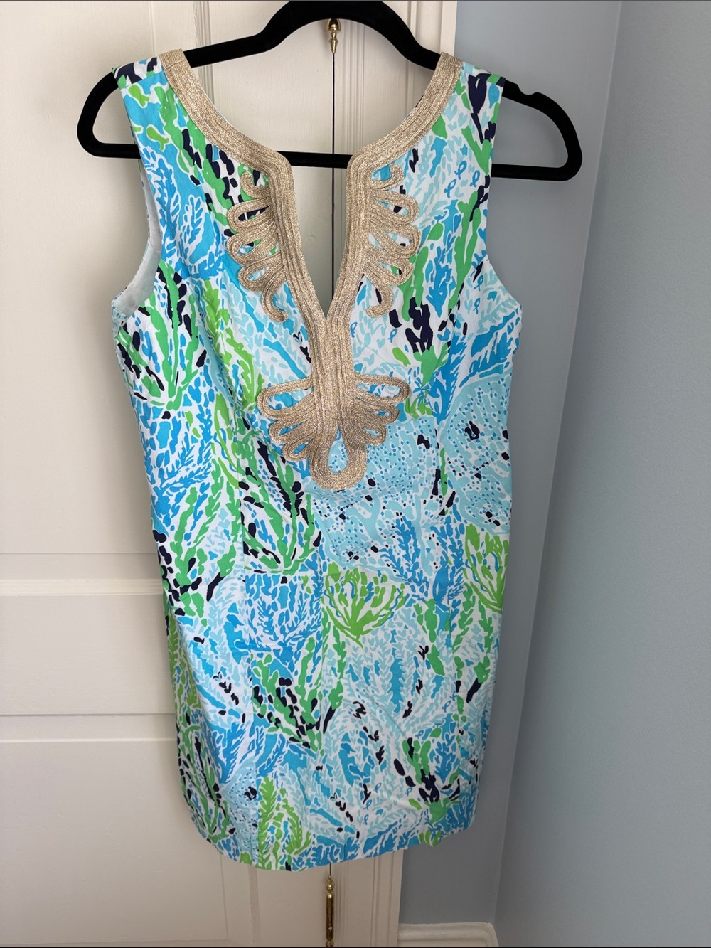 Lilly Pulitzer Blue, Green & Navy Printed Sleeveless Shift with Gold Trim